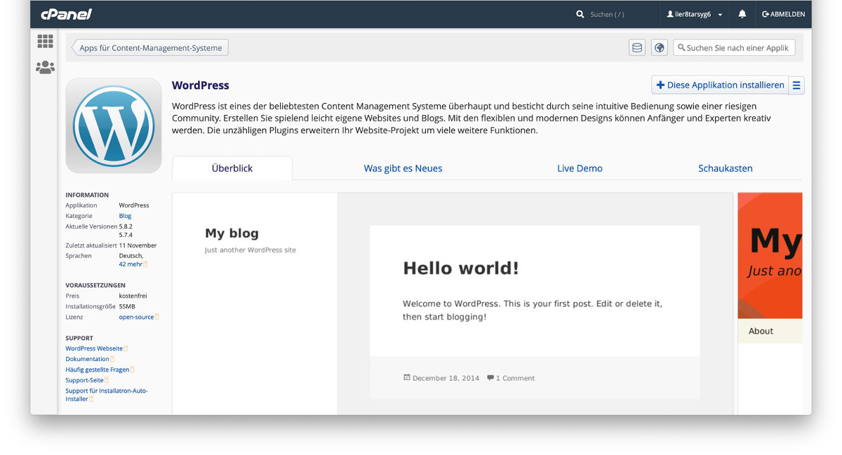Abbildung: WordPress-Schnellinstallation - Hello World