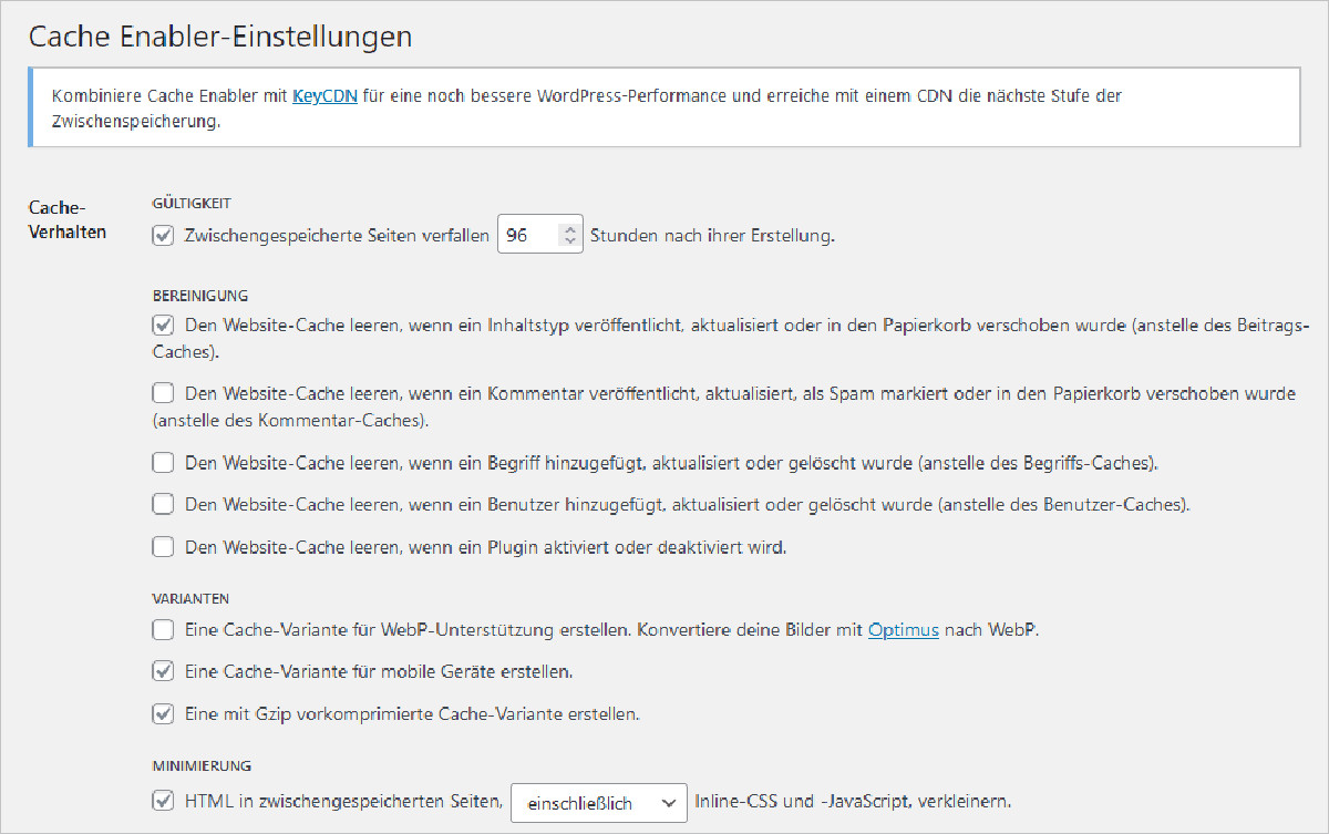 Abbildung: Die Einstellungen von Cache Enabler sind übersichtlich, aber das Plugin liefert gute Optimierungsergebnisse.