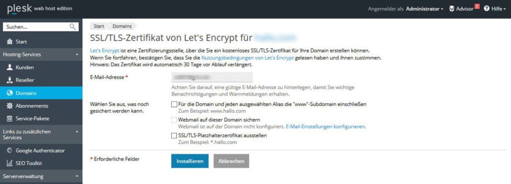 Abbildung - Menü - Let's Encrypt Einstellungen