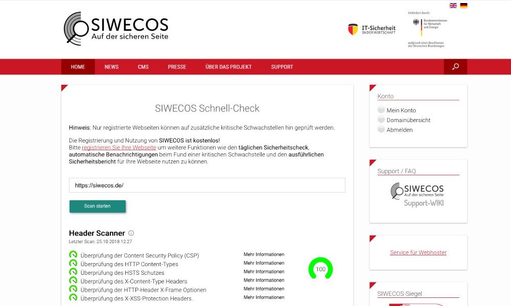 Abbildung - Absicherungsstand der eigenen Webseite prüfen mit dem Tool von SIWECOS