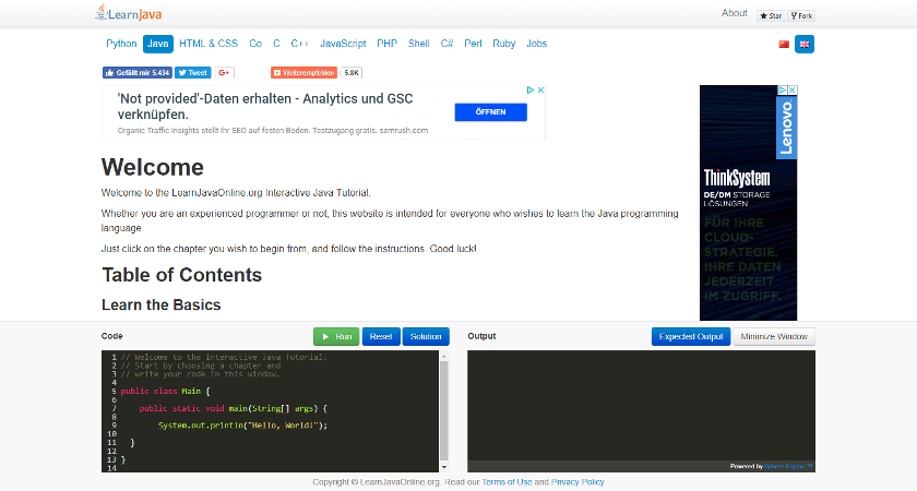 Abbildung: Lernen Sie mit Learn Java und interaktiven Tutorials die Grundlagen der Programmiersprache Java