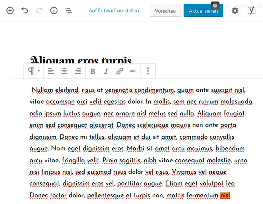 Abbildung – Seitennummerierung in WordPress einfügen – Der Text im Editor vor der Veränderung
