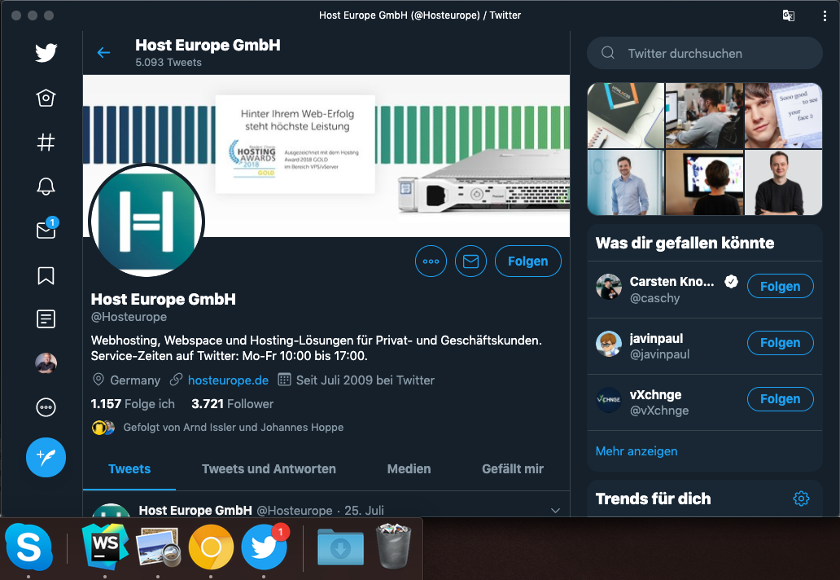 Abbildung 1 - Progressive Web Apps mit Angular - „Nur“ eine Web-App: Die Twitter-PWA läuft in ihrem eigenen Fenster, mit Dark-Mode und Dock-Icon samt Notification-Badge