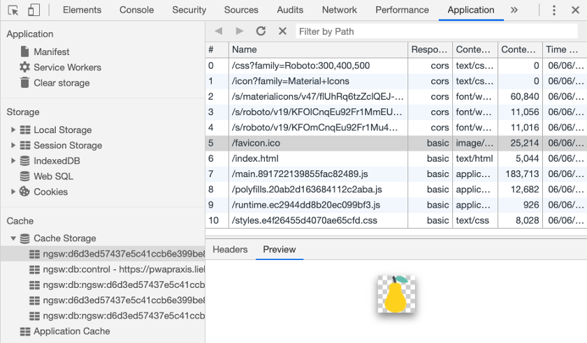 Abbildung 3 - Die Cache-Inhalte des Service Workers können in den Chrome Developer Tools im Bereich Application | Cache inspiziert werden