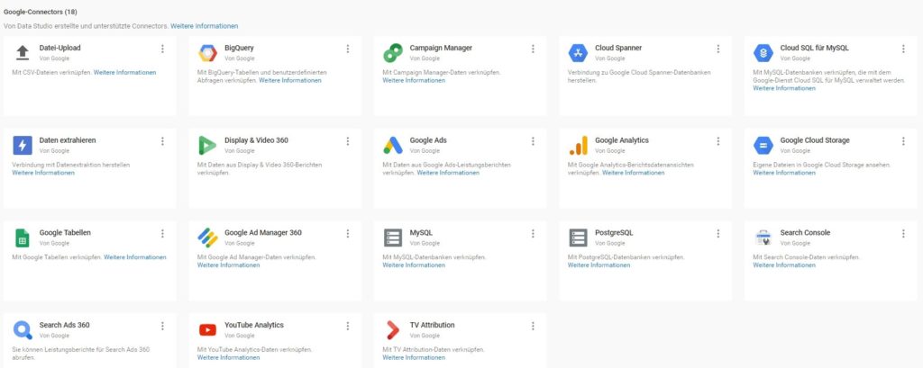Abbildung 3 - Übersicht der Google Connectors zur Verbindung mit dem Google Data Studio.
