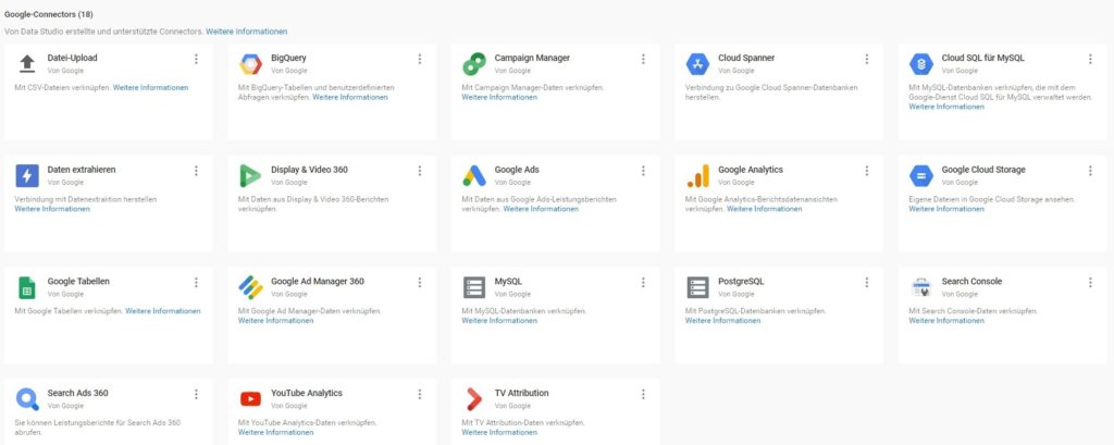 Abbildung 3 - Übersicht der Google Connectors zur Verbindung mit dem Google Data Studio.