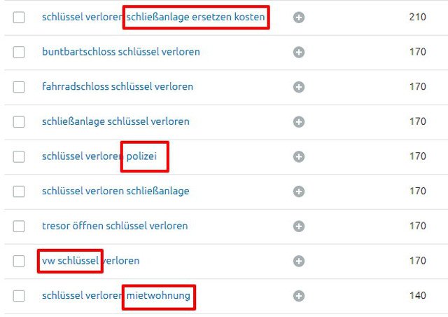 Abbildung - Monatliches Suchvolumen für Subthemen zur Keyword-Phrase schlüssel verloren - Quelle: SEMrush, 29.05.2020