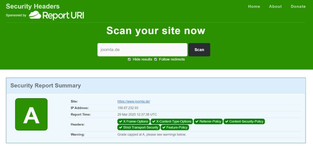 HTTP Header - Abbildung Report Webseite Joomla.de 