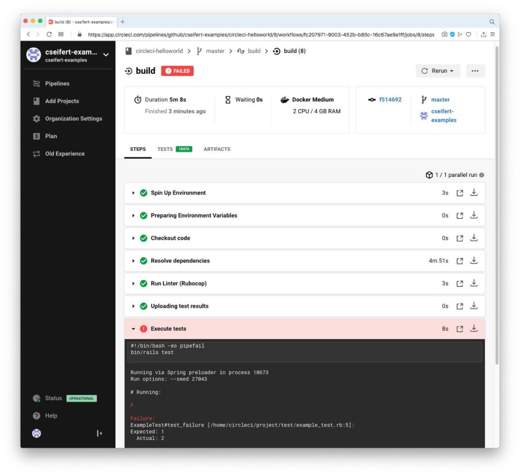 Abbildung Continuous Integration mit CircleCI - Fehlgeschlagener Step “Execute tests”