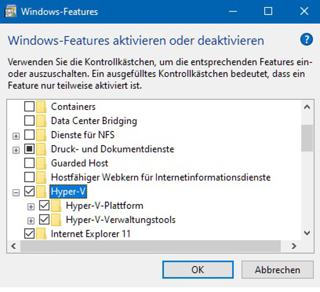 Abbildung - „Hyper V“ als Windows-Feature aktivieren.