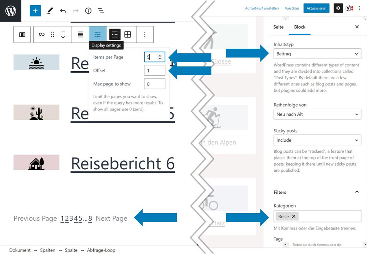 Abbildung - Dank Display Filter möglich: eine Abfrage, die fünf Beiträge pro Seite zeigt und den ersten überspringt.