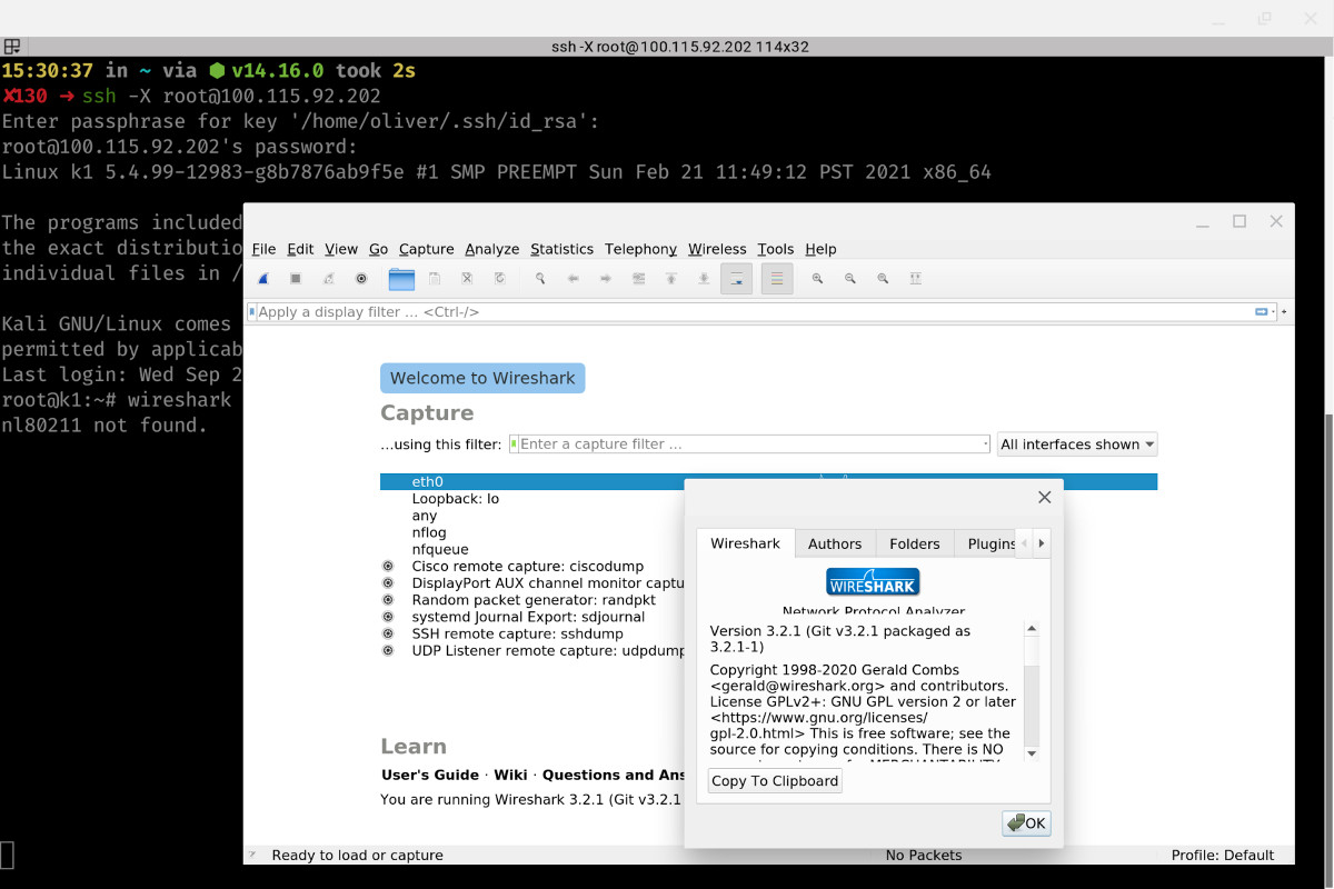 Container auf Chromebooks: Abbildung - Wireshark läuft durch den SSH-X11-Tunnel zwischen den beiden Containern