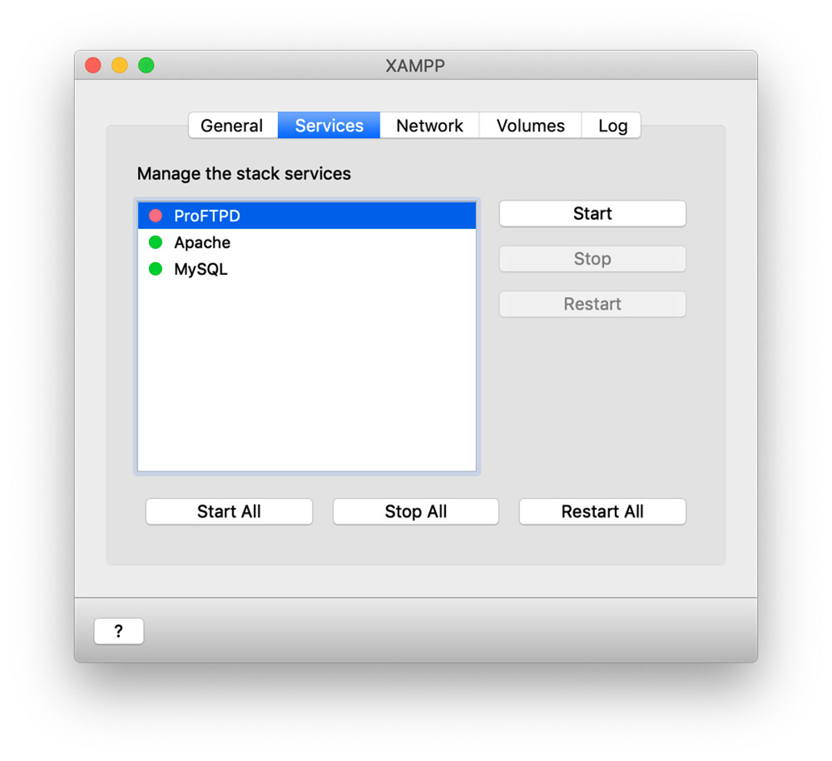 Abbildung: Lokale WordPress-Installation mit XAMPP - Screenshot Mac Services Tab