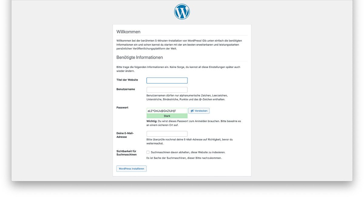 Abbildung: Lokale WordPress-Installation mit XAMPP - Zweiter Screenshot WordPress Setup
