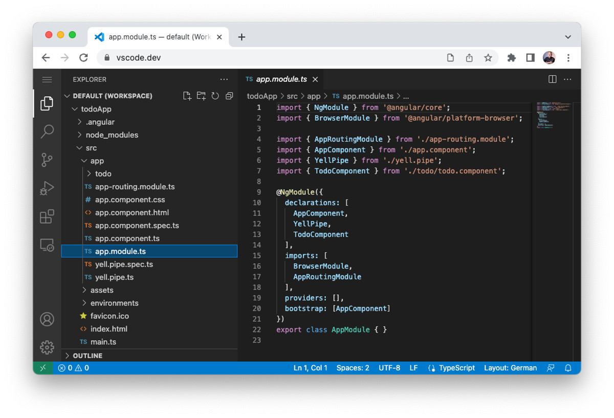 Abbildung - Progressive Web Apps 2022 - Die Preview-Version von Visual Studio Code for the Web läuft direkt im Browser