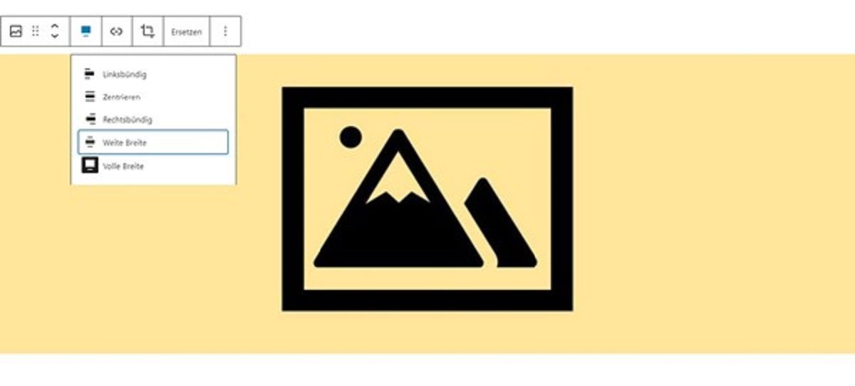 Abbildung: Bearbeitung eines Bild-Blocks: In der Werkzeugleiste erscheinen die Gutenberg-Breiten alignfull und alignwide.