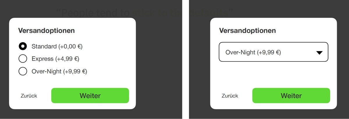 Nutzerfreundliche und Alternativen aufzeigende Auswahl (l.) sowie eine für den Nutzer versteckte Versandoption-Auswahl.