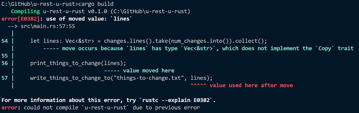 Abbildung: Programmiersprache Rust - Compiler-Fehler aufgrund fehlender Ownership