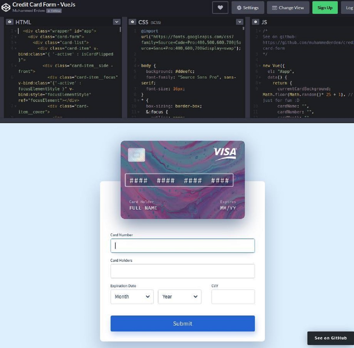 Abbildung: Ein Formular zur Abfrage der Kreditkartendaten belegte 2019 Platz 1 unter den beliebtesten Code Snippets in CodePen.