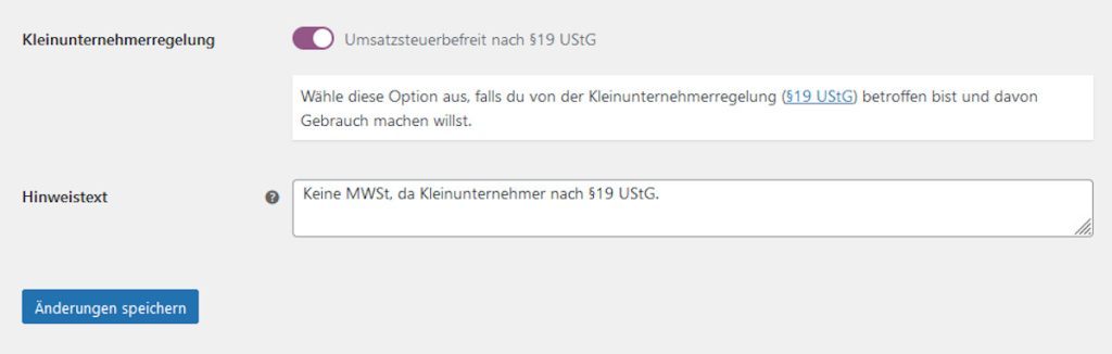 Abbildung: Option Kleinunternehmer im Menü von WooCommerce