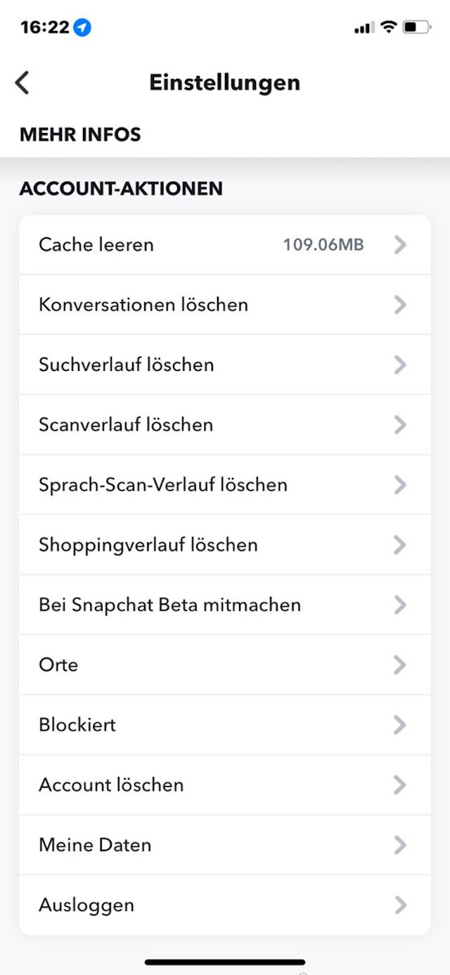 Abbildung 1 - Snapchat löschen auf iOS - Account-Aktionen
