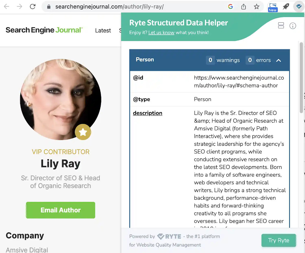 Abbildung 3 - Strukturierte Daten im Autorenprofil von Lily Ray, Expertin für EEAT in SEO