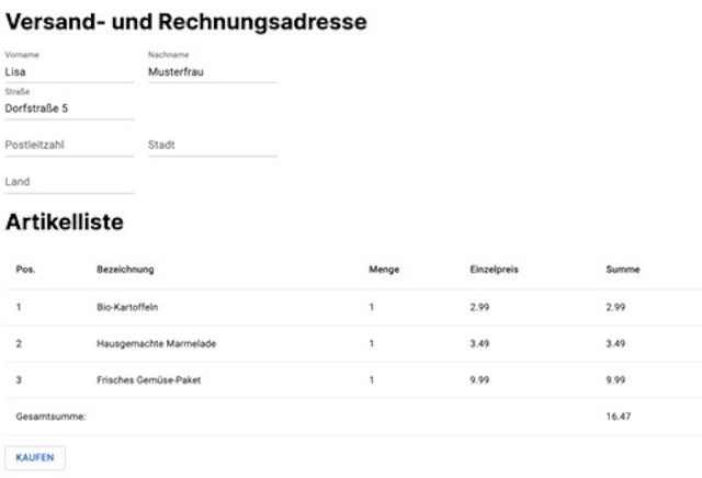 API-Routen - Abbildung 1: Ansicht des Warenkorbs der Beispielapplikation
