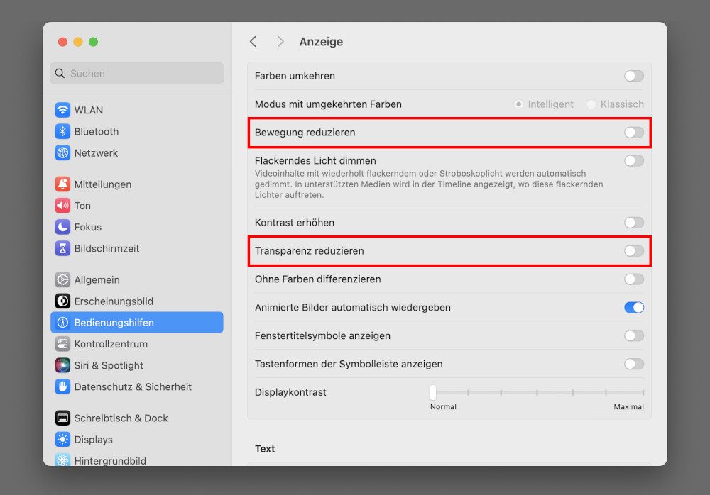 Abbildung 6 - Anzeigeeinstellungen des Apple Betriebssystems. Rot hervorgehoben sind Einstellungen, die mit Media Queries leicht angefragt werden können