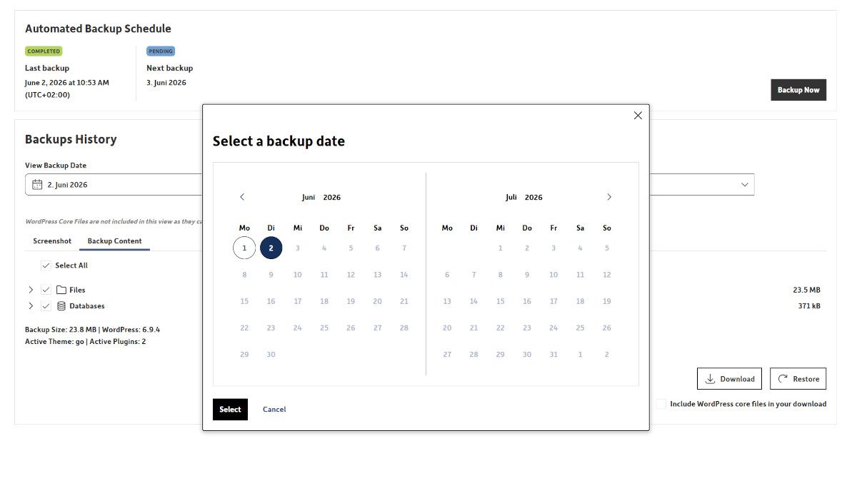 Abbildung: Abbildung WordPress Hosting Backend - Website wiederherstellen