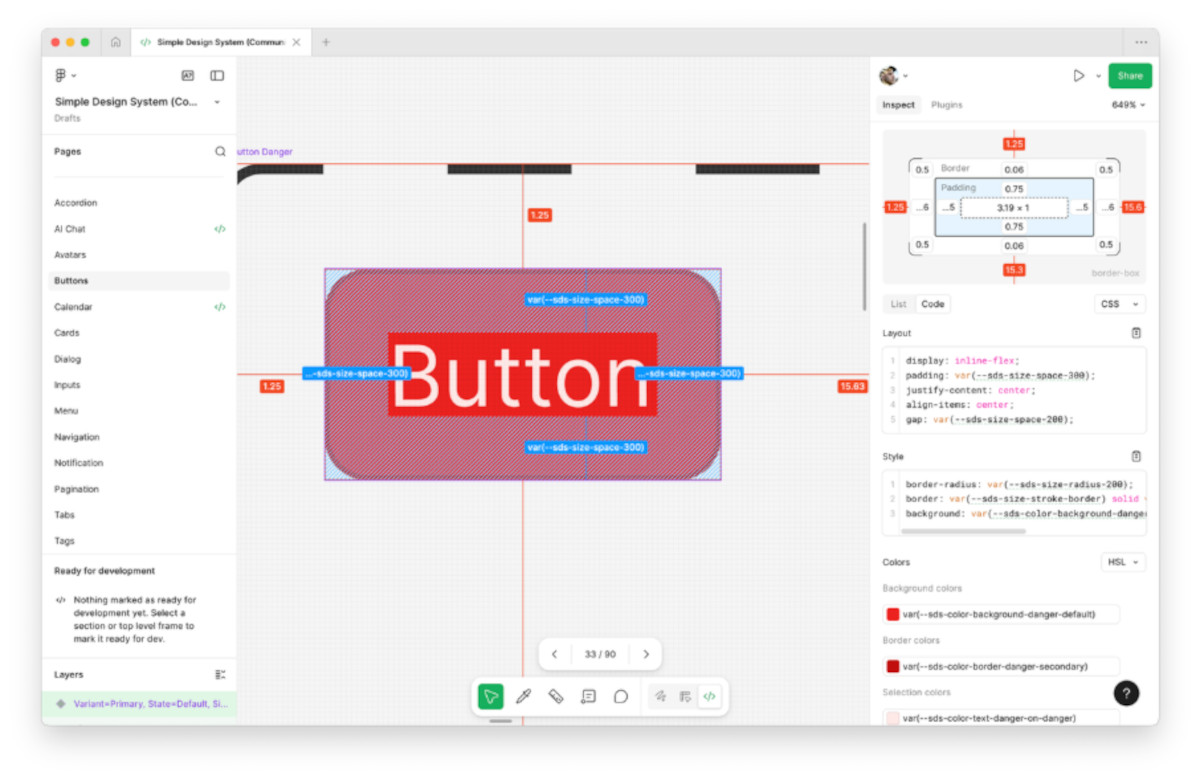 Abbildung: Im Dev Mode werden rechts alle vorhandenen Informationen angezeigt. Hier u.a. CSS-Variablen für Padding, Farbe, Border usw.