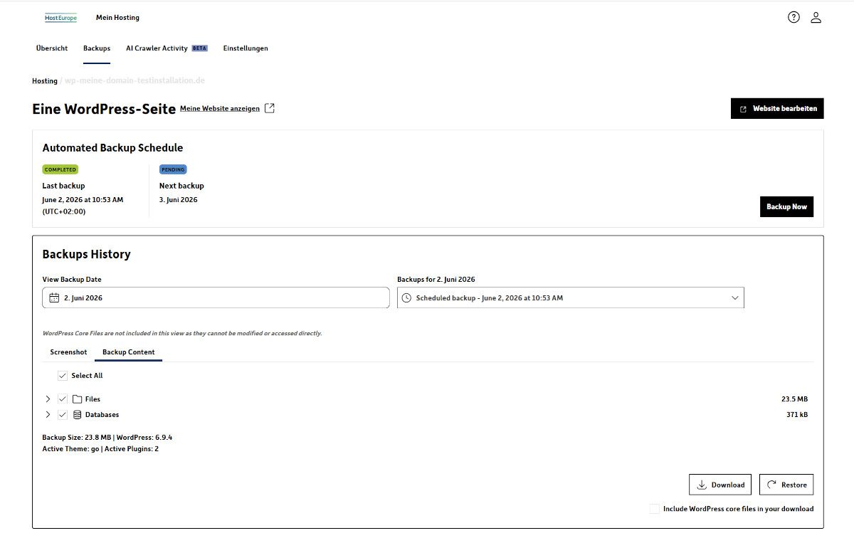 Abbildung WordPress Hosting Backend - Backup