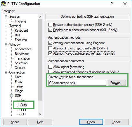 Putty - Einbinden des privaten Schlüssels